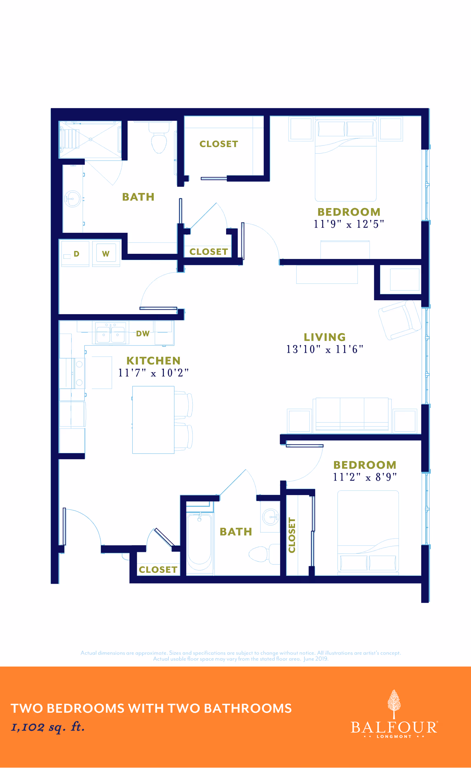 Floor plan of a two-bedroom, two-bathroom apartment at Balfour Longmont, showing the layout with labeled rooms including kitchen, living room, two bedrooms, two bathrooms, and closets. Dimensions for each room are provided.