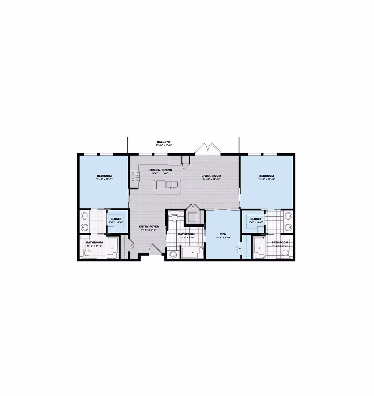 Labeled floor plan of an apartment showing two bedrooms, a den, living room, kitchen/dining area, multiple bathrooms, closets, and a balcony.
