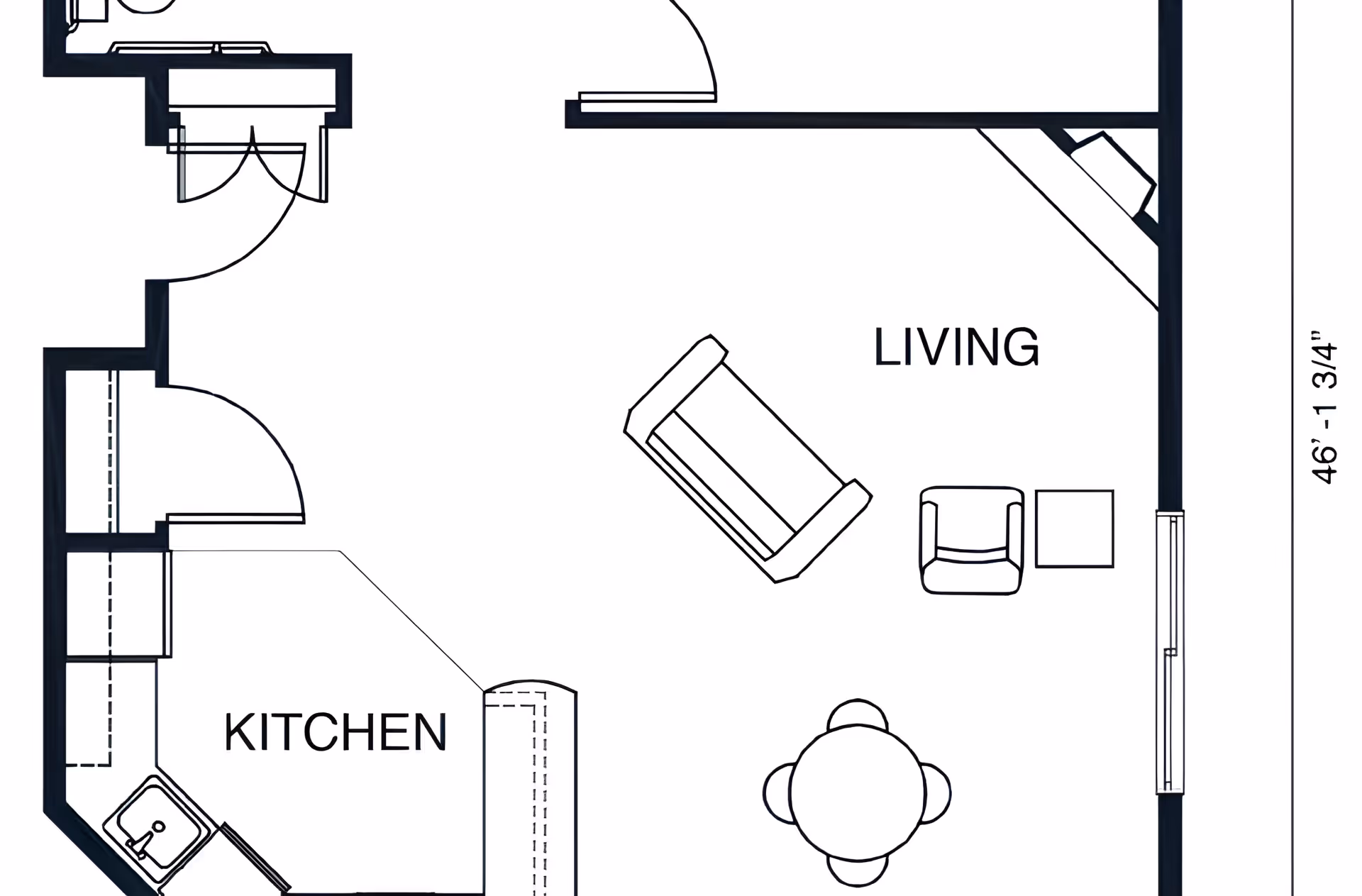 Architectural floor plan showing a living area with a sofa, chair, small table, and a round dining table with four chairs. Adjacent to the living area is a kitchen with a sink and cabinetry.
