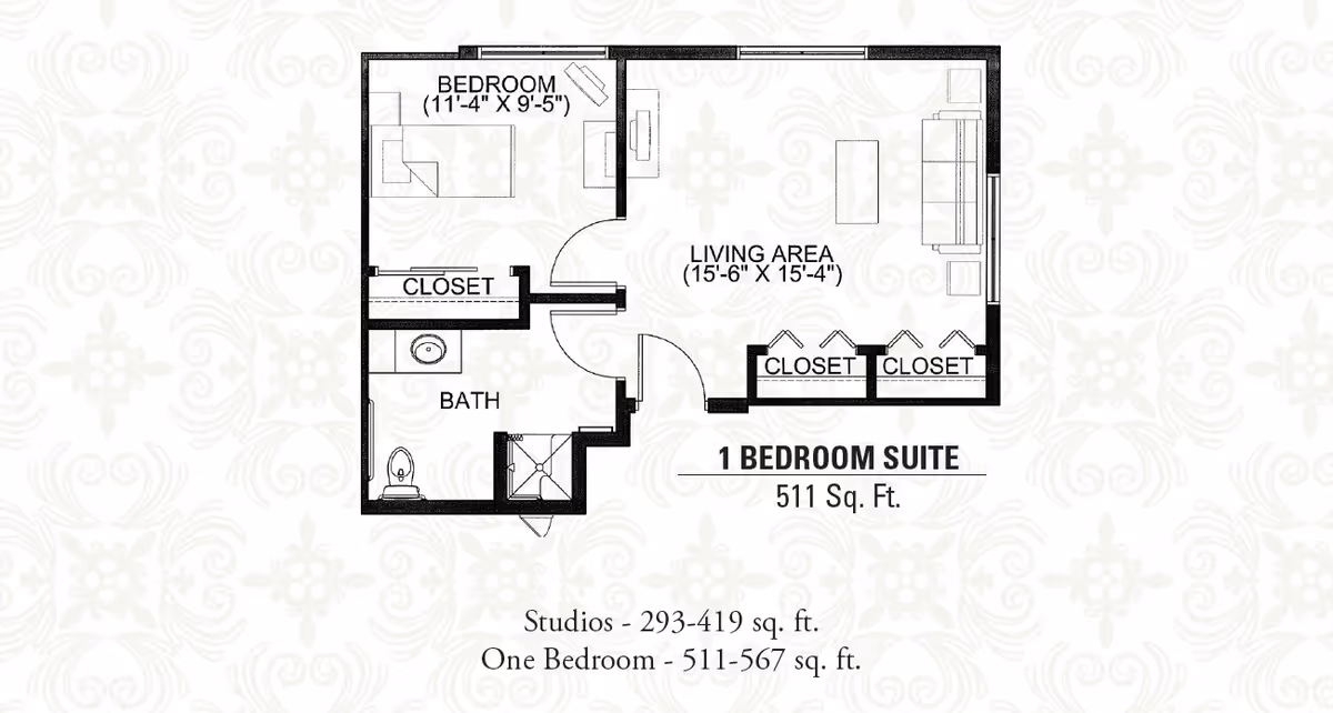 Floor plan of a 1 bedroom suite at Heritage Senior Campus showing a bedroom, living area, bathroom, and closets with dimensions and total area of 511 square feet.