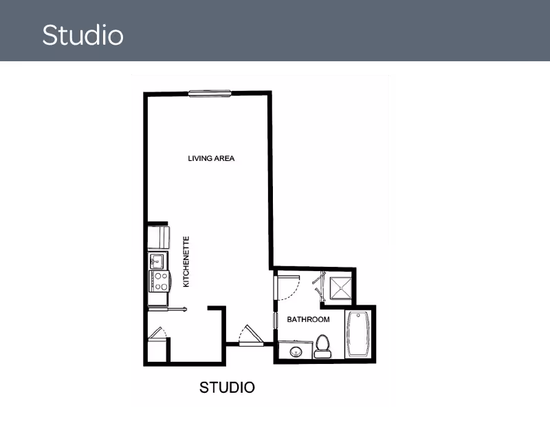 Black-and-white studio floor plan showing a living area, kitchenette and a bathroom.