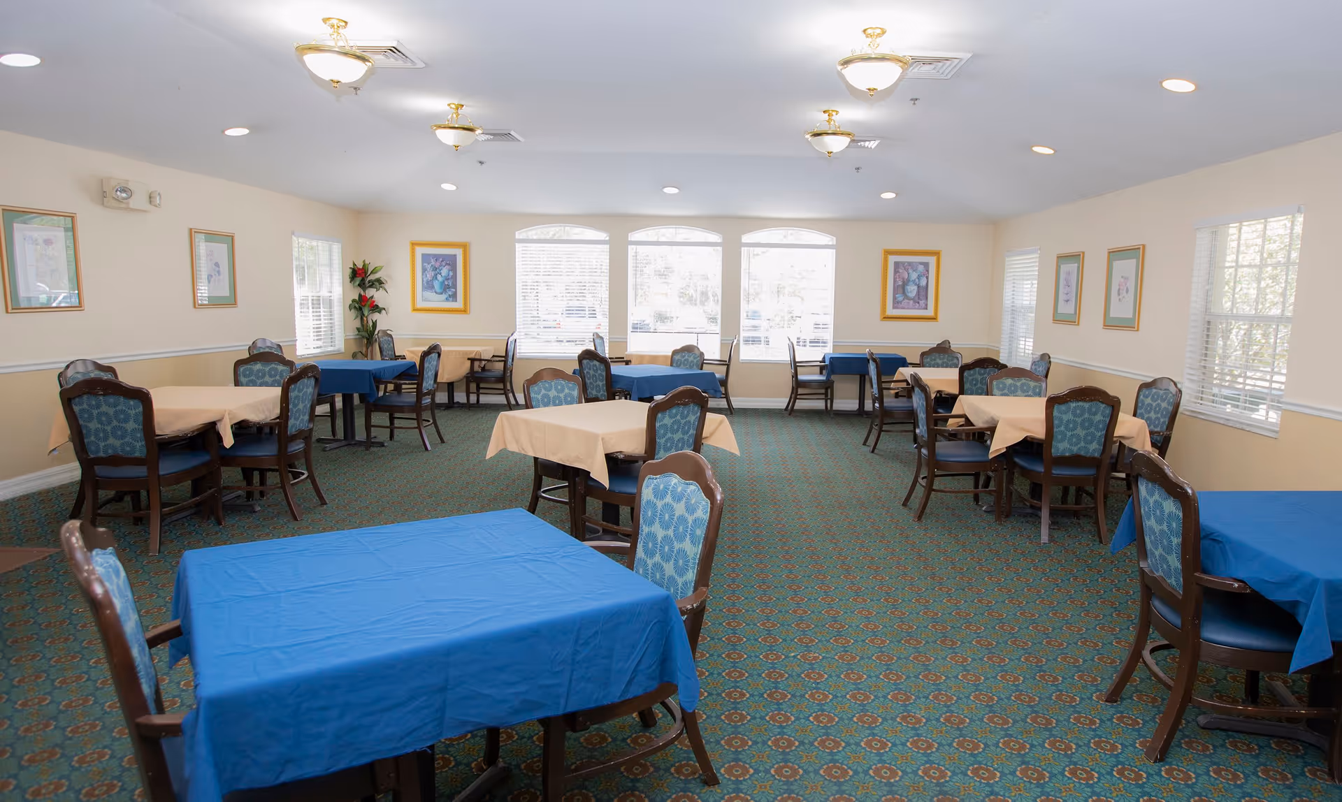 A dining room with several tables covered with blue and beige tablecloths, surrounded by wooden chairs with blue patterned cushions. The room has a green patterned carpet, cream-colored walls adorned with framed floral artwork, and large windows letting in natural light. Ceiling lights with gold accents illuminate the space.