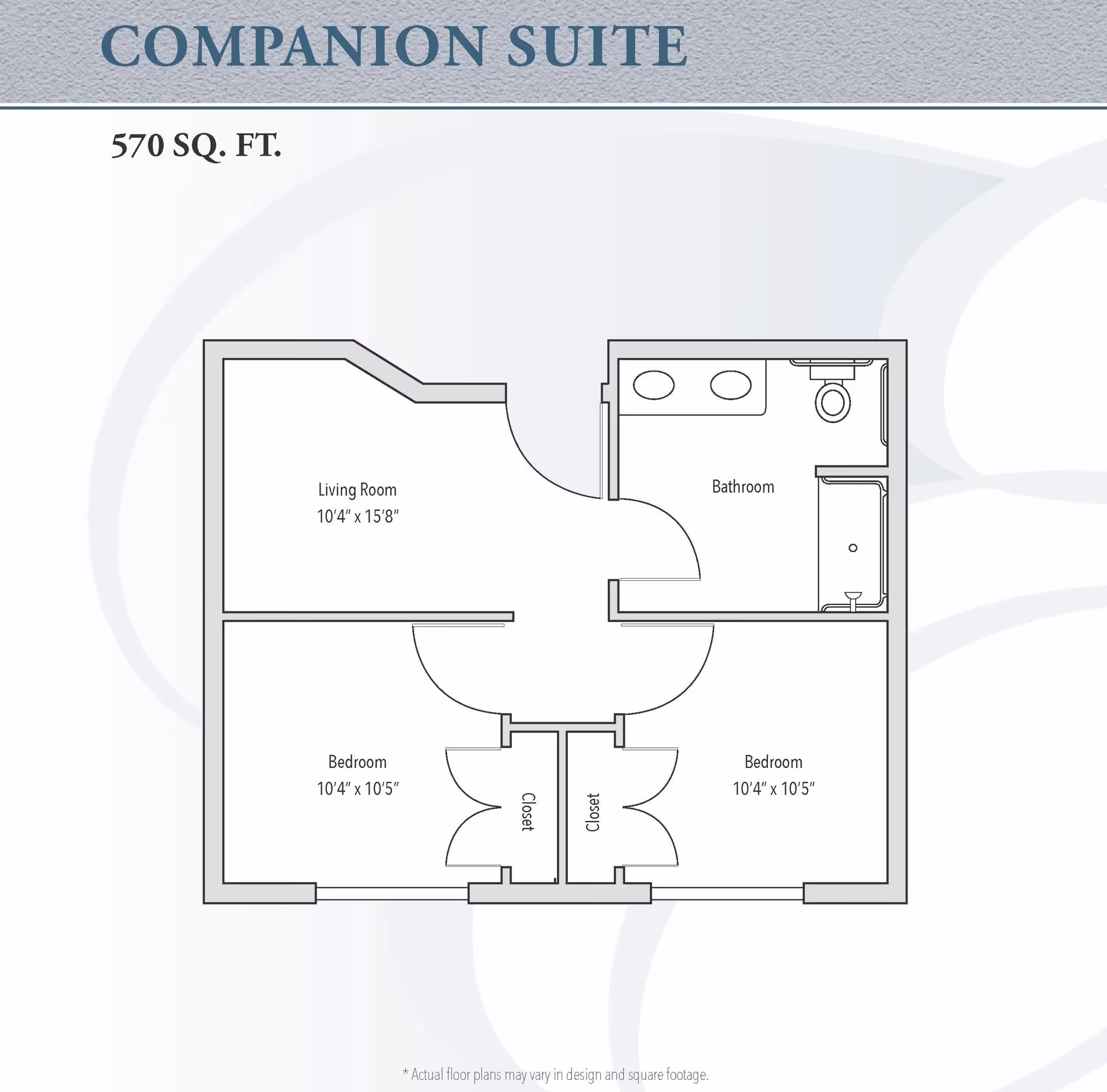 Floor plan of a companion suite with a total area of 570 square feet, featuring a living room measuring 10 feet 4 inches by 15 feet 8 inches, two bedrooms each measuring 10 feet 4 inches by 10 feet 5 inches, a bathroom with a double sink, toilet, and bathtub, and two closets between the bedrooms.