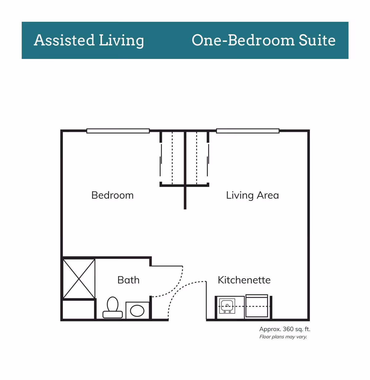 Floor plan of an assisted living one-bedroom suite at Palmetto Landing, showing a bedroom, living area, bath, and kitchenette with approximate size of 360 square feet.