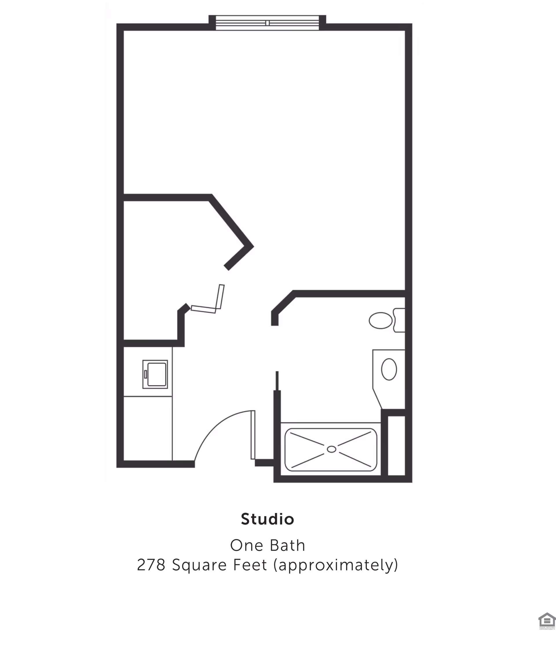 Floor plan of a studio apartment with one bathroom, approximately 278 square feet. The layout shows an entrance door leading to a small kitchen area, a main living/sleeping space, and a bathroom with a bathtub, toilet, and sink.