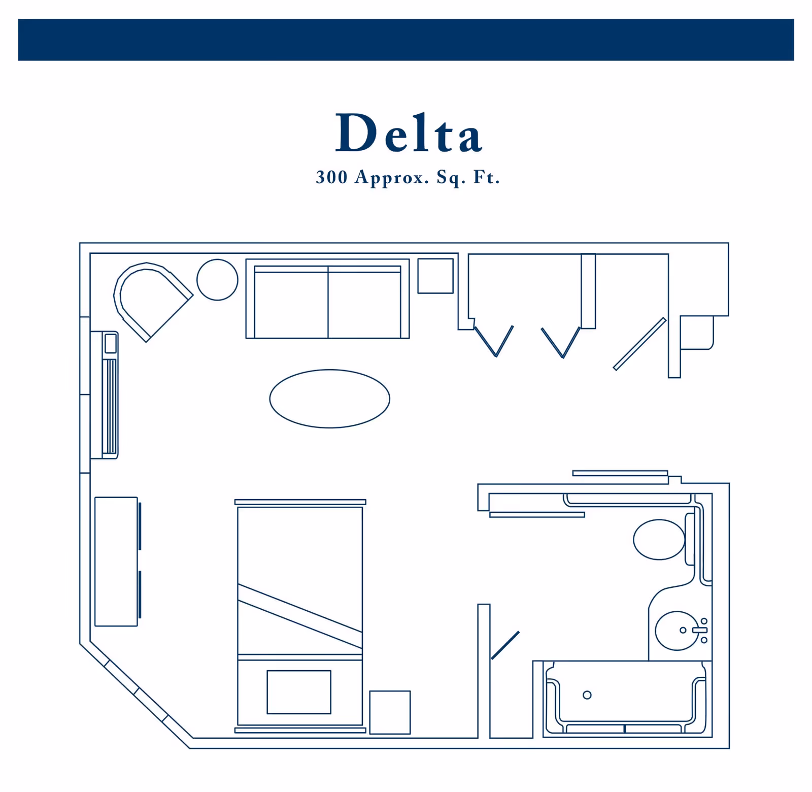 Architectural floor plan labeled Delta showing a 300 square foot layout with a living area including a sofa, chair, coffee table, and TV stand, a sleeping area with a bed and nightstand, and a bathroom with a bathtub, toilet, and sink.