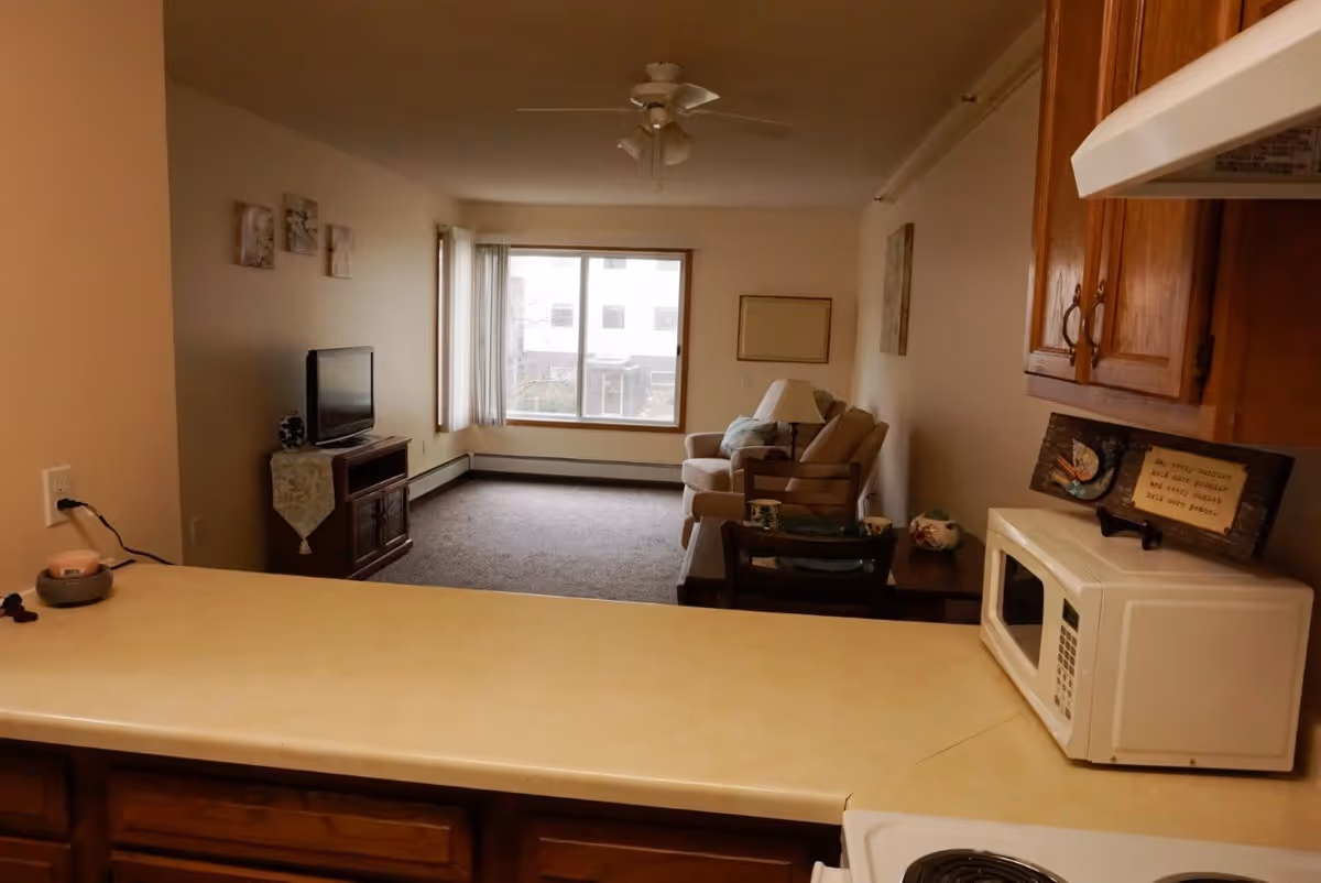 View from a kitchen counter into a living room area with a large window, a TV on a wooden stand, a beige armchair with a lamp beside it, and wall decorations. The kitchen counter has a microwave and wooden cabinets above and below.
