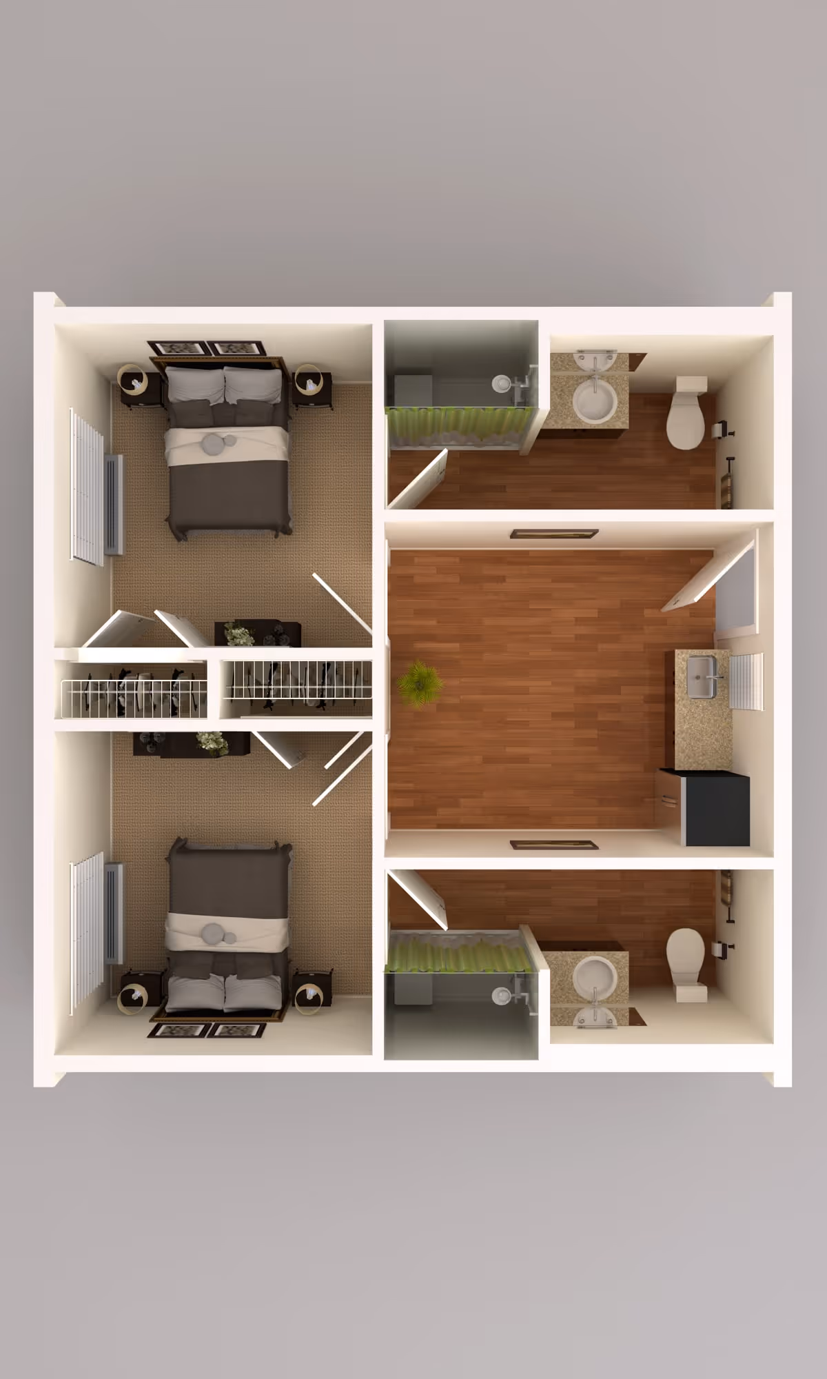 Top-down view of a two-bedroom apartment floor plan featuring two bedrooms with beds and nightstands, two bathrooms with sinks, toilets, and showers, and a kitchen area with a sink and refrigerator. The central area has wooden flooring and a small plant.