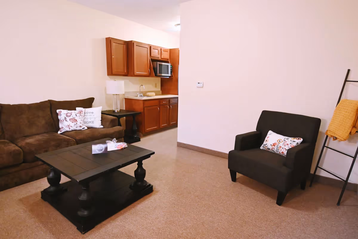 A cozy living area with a brown sofa adorned with decorative pillows, a black armchair with a floral pillow, a black coffee table, and a small kitchen area with wooden cabinets, a microwave, and a sink in the background. A black ladder-style rack with a yellow blanket is positioned next to the armchair.