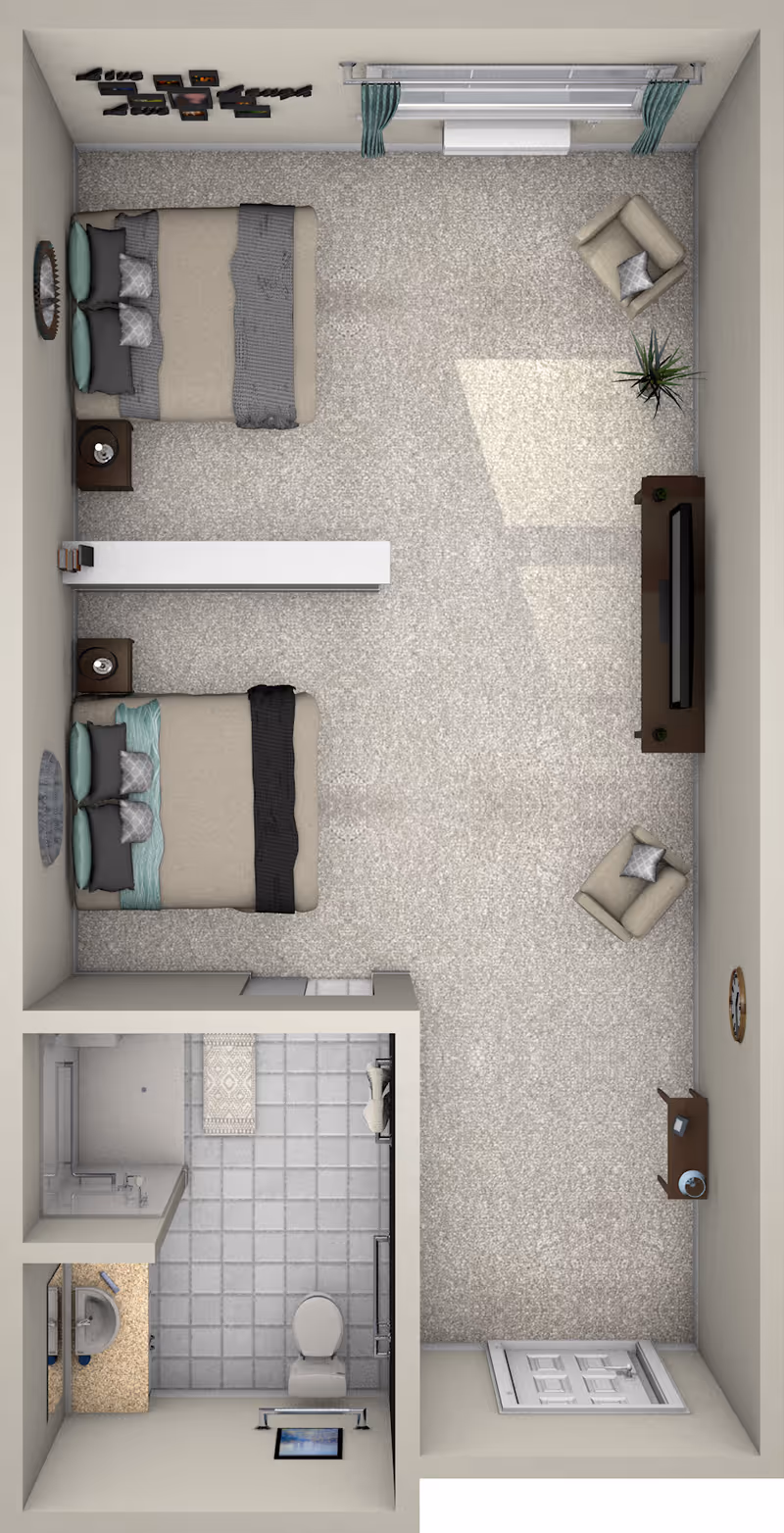 Top-down view of a senior living facility room layout featuring two beds with nightstands, a living area with two armchairs, a TV on a stand, a small table, a plant, and a bathroom with a shower, toilet, and sink.