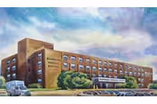 Illustration of a large multi-story brick building labeled 'CLINIC CENTER' with several windows and a covered entrance. There are trees and bushes in front of the building, a few parked cars, and a van on the left side under a partly cloudy sky.
