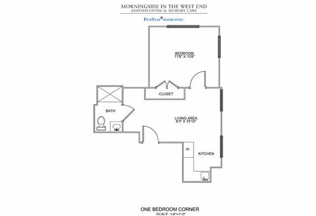 Floor plan of a one-bedroom corner unit at Morningside in the West End, showing a bedroom measuring 11 feet 8 inches by 13 feet 8 inches, a closet, a living area measuring 8 feet 3 inches by 15 feet 10 inches, a kitchen with a refrigerator, and a bathroom with a toilet and sink.
