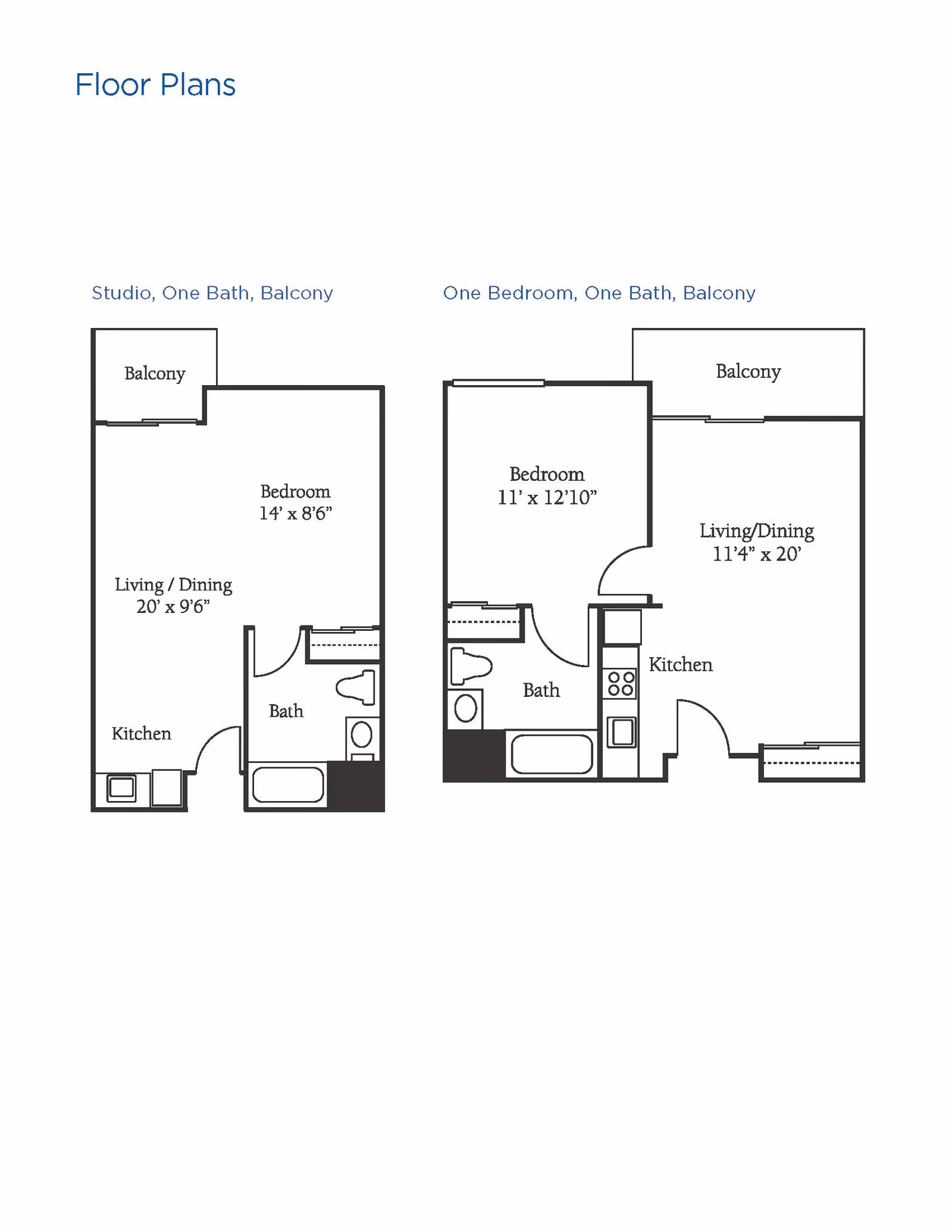 Floor plans for Brookdale Redwood City showing two layouts: a studio with one bath and balcony, and a one-bedroom with one bath and balcony. The studio layout includes a bedroom area measuring 14 feet by 8 feet 6 inches, a living/dining area measuring 20 feet by 9 feet 6 inches, a kitchen, a bath, and a balcony. The one-bedroom layout includes a bedroom measuring 11 feet by 12 feet 10 inches, a living/dining area measuring 11 feet 4 inches by 20 feet, a kitchen, a bath, and a balcony.