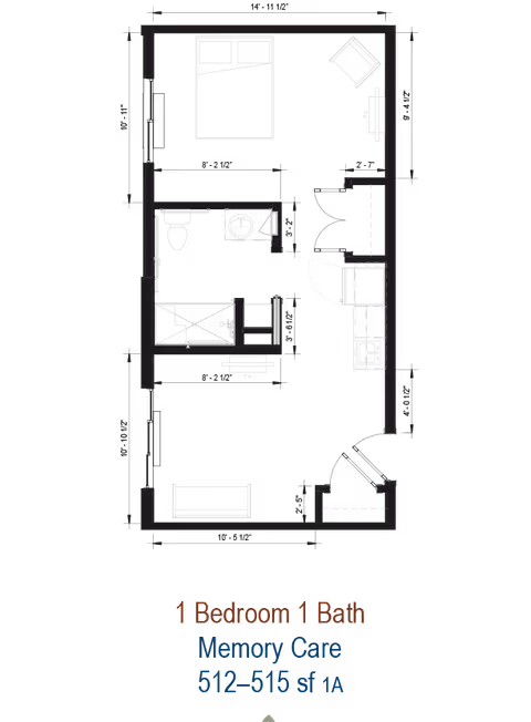 Top-down architectural floor plan of a one-bedroom, one-bath memory care apartment with labeled rooms and dimensions.
