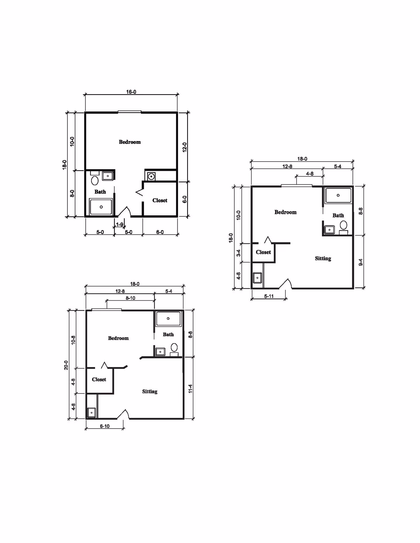 Architectural floor plans showing three different layouts of rooms labeled as Bedroom, Bath, Closet, and Sitting areas with dimensions marked in feet and inches.