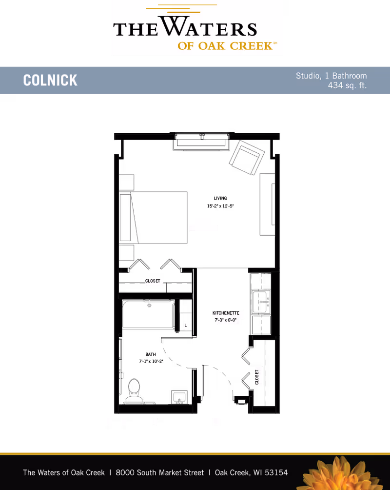 Floor plan layout of a studio apartment named Colnick at The Waters of Oak Creek, showing a combined living and sleeping area with a bed, chair, kitchenette, bathroom, and closets, covering 434 square feet.