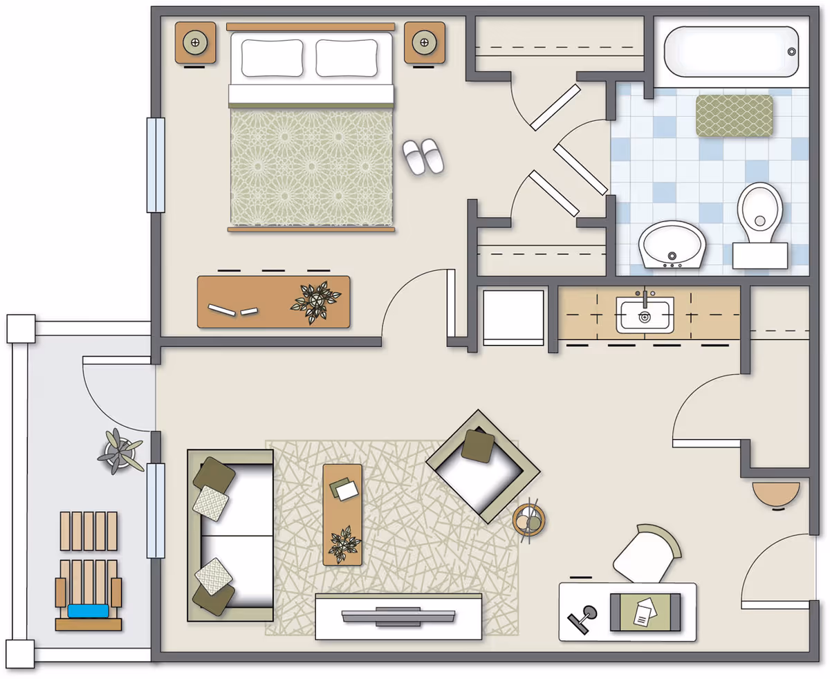 Floor plan of a senior living apartment at River Oaks Place - Lenoir City, showing a bedroom with a bed, nightstands, and slippers, a bathroom with a bathtub, toilet, and sink, a living room with a sofa, armchair, coffee table, TV stand, and desk, and a small outdoor patio with seating.