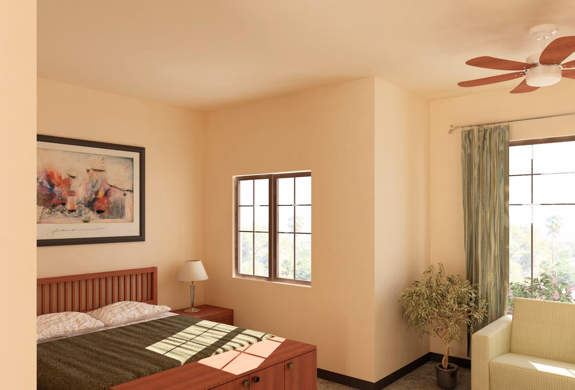 A cozy bedroom with a wooden bed frame, green bedspread, two pillows, a bedside table with a lamp, a framed abstract painting on the wall, a window letting in natural light, a potted plant, a cream-colored armchair, and a ceiling fan with wooden blades.