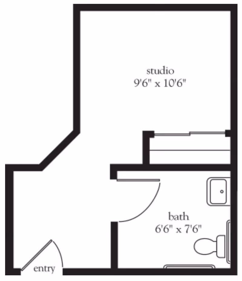 Floor plan of a studio apartment with an entry area, a studio room measuring 9 feet 6 inches by 10 feet 6 inches, and a bathroom measuring 6 feet 6 inches by 7 feet 6 inches.