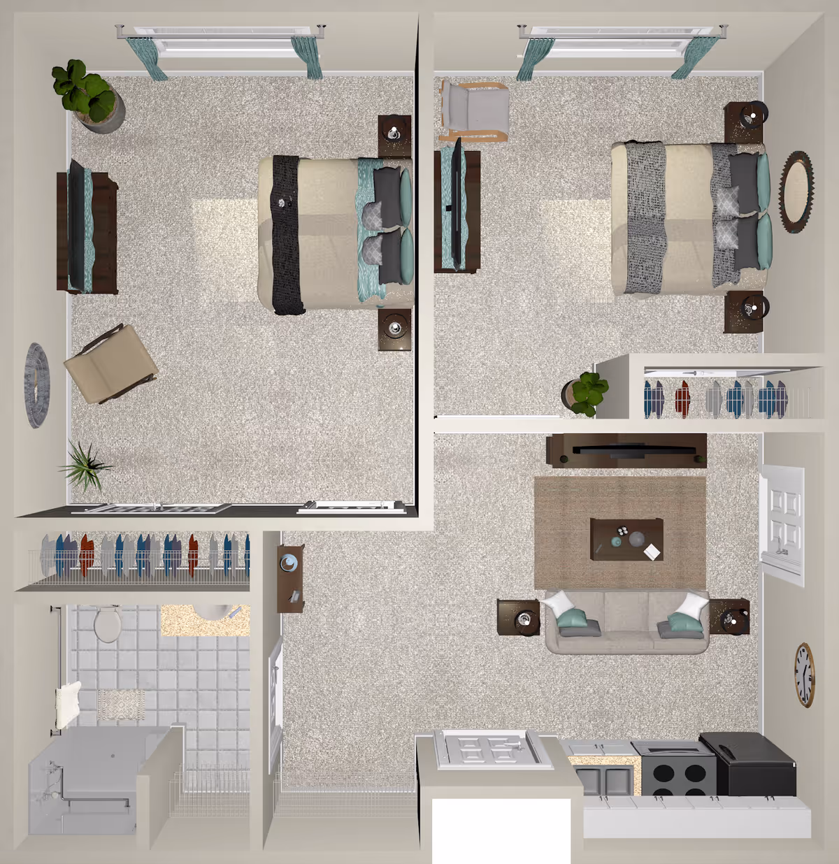Top-down rendered floor plan of a two-bedroom apartment showing two bedrooms, a living room, kitchen, bathroom, and closets.