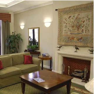 Cozy living room with a green sofa, wooden coffee table, fireplace topped by a decorative tapestry, and potted plants.
