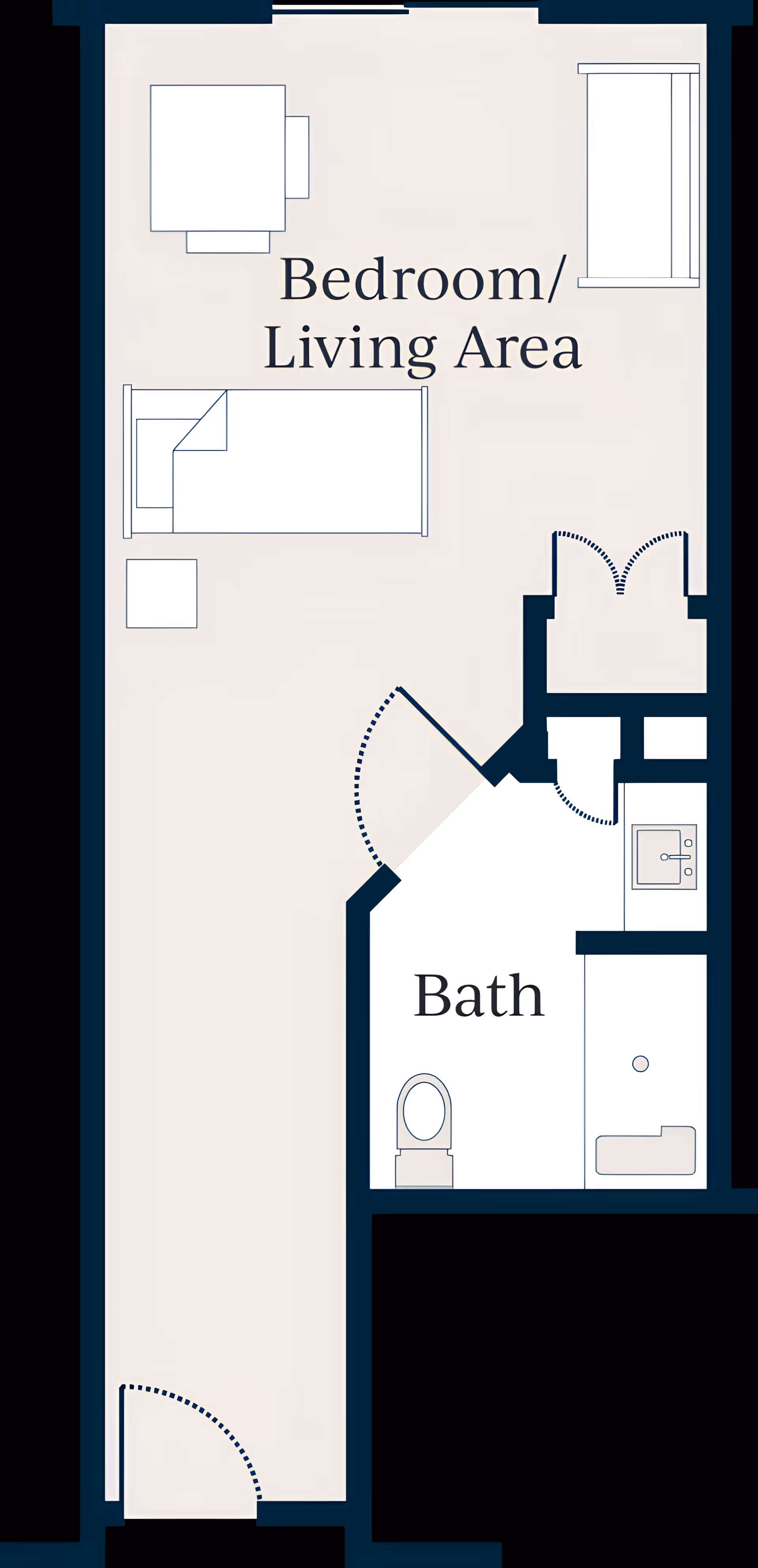 Floor plan layout showing a combined bedroom and living area with a bed, table, and seating, connected to a bathroom with a toilet, sink, and bathtub.