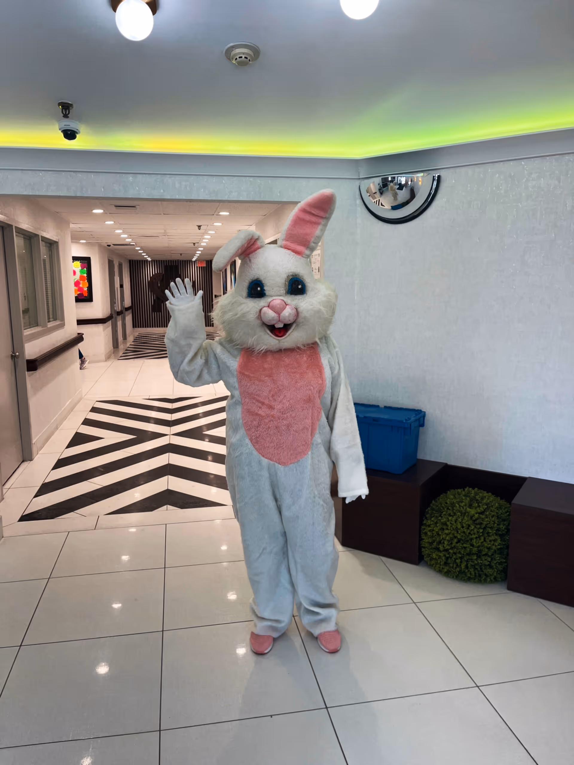 A person dressed in a white and pink bunny costume waving in a brightly lit hallway with white tiled floors and a black and white geometric patterned area. The hallway has white walls, a convex security mirror, and some decorative elements including a green spherical plant and a blue storage bin.