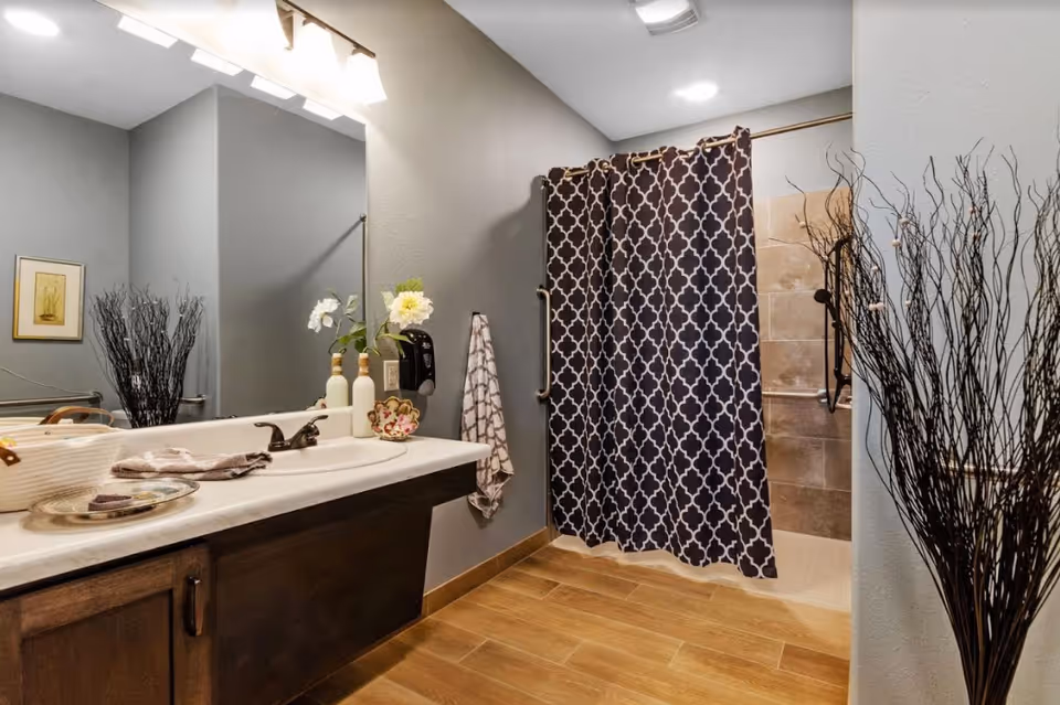 Accessible bathroom with a sink and mirror on the left, decorative accents, and a walk-in shower with a patterned curtain on the right.