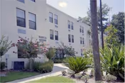 Exterior view of a three-story senior living facility named Magnolia Gardens, surrounded by landscaped greenery including bushes, small trees, and a palm tree, under a partly cloudy sky.
