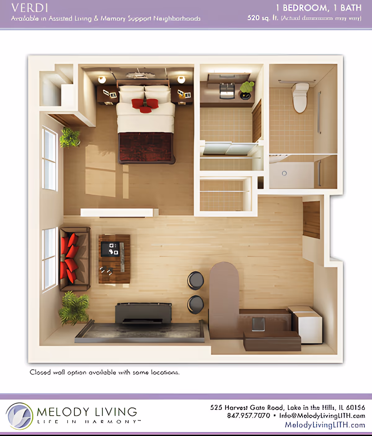 3D floor plan of a one-bedroom, one-bath assisted living apartment named Verdi at Melody Living Lake in the Hills. The layout includes a bedroom with a bed and nightstands, a bathroom with a toilet and shower, a small kitchen area with a sink and refrigerator, and a living area with a couch, coffee table, and TV. There are also two plants placed near the windows and a small dining counter with two stools.