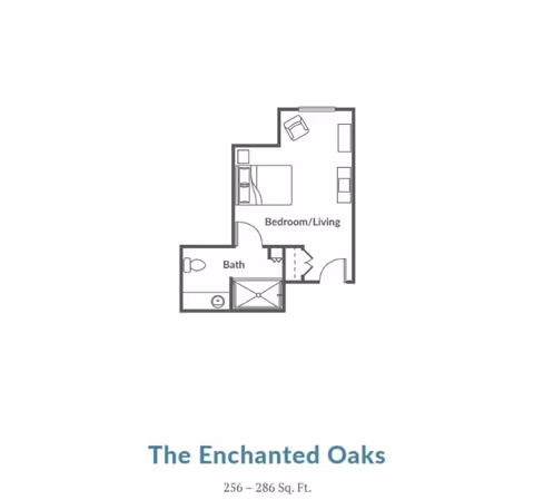 Floor plan layout of a small living space named The Enchanted Oaks, showing a combined bedroom and living area with a bed, chair, and sofa, and a separate bathroom with a toilet, sink, and shower.