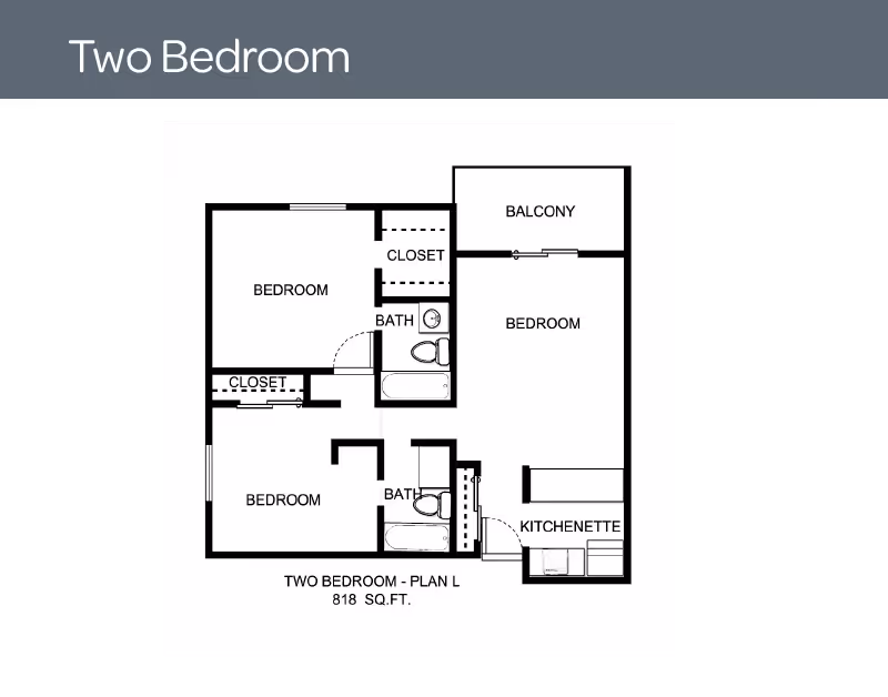 Floor plan layout of a two-bedroom apartment labeled Plan L with 818 square feet, showing two bedrooms, two bathrooms, closets, a kitchenette, and a balcony.