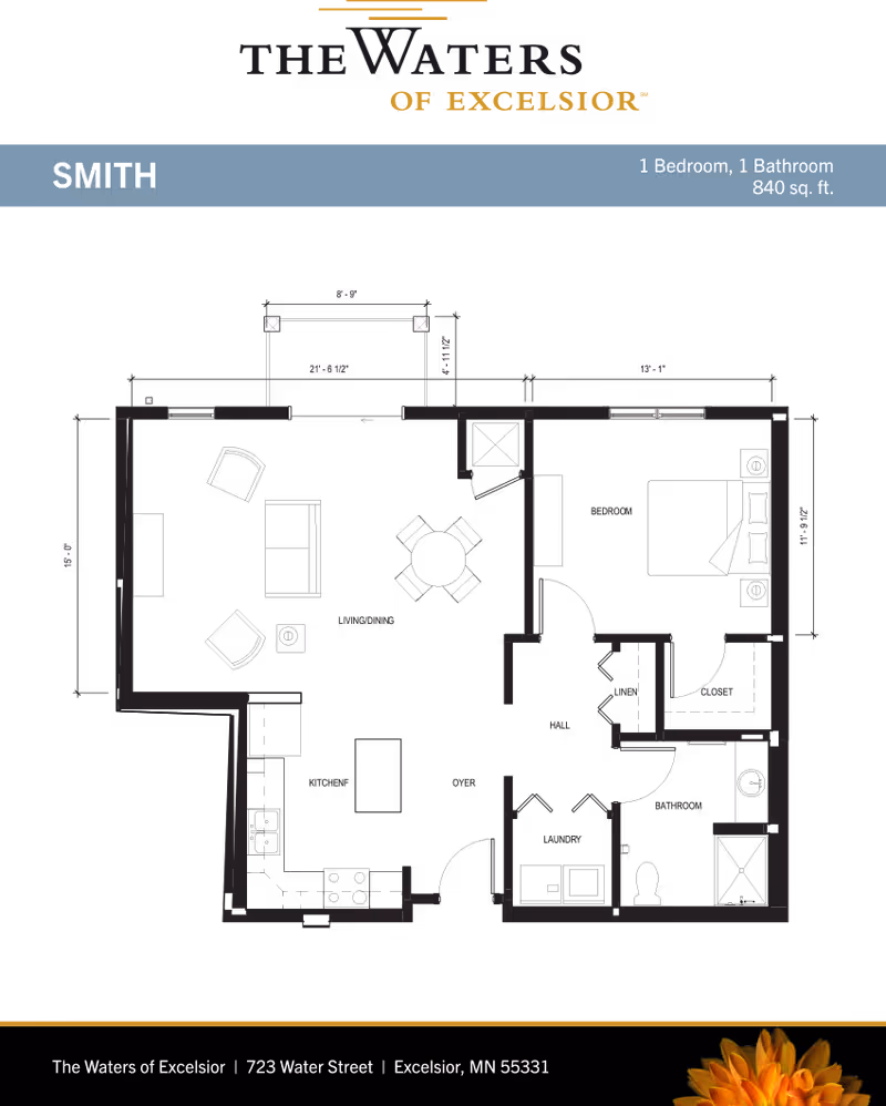 Floor plan of a one-bedroom, one-bathroom apartment named Smith at The Waters of Excelsior, showing layout with living/dining area, kitchen, bedroom, bathroom, laundry, hall, linen closet, and closet. The total area is 840 square feet.