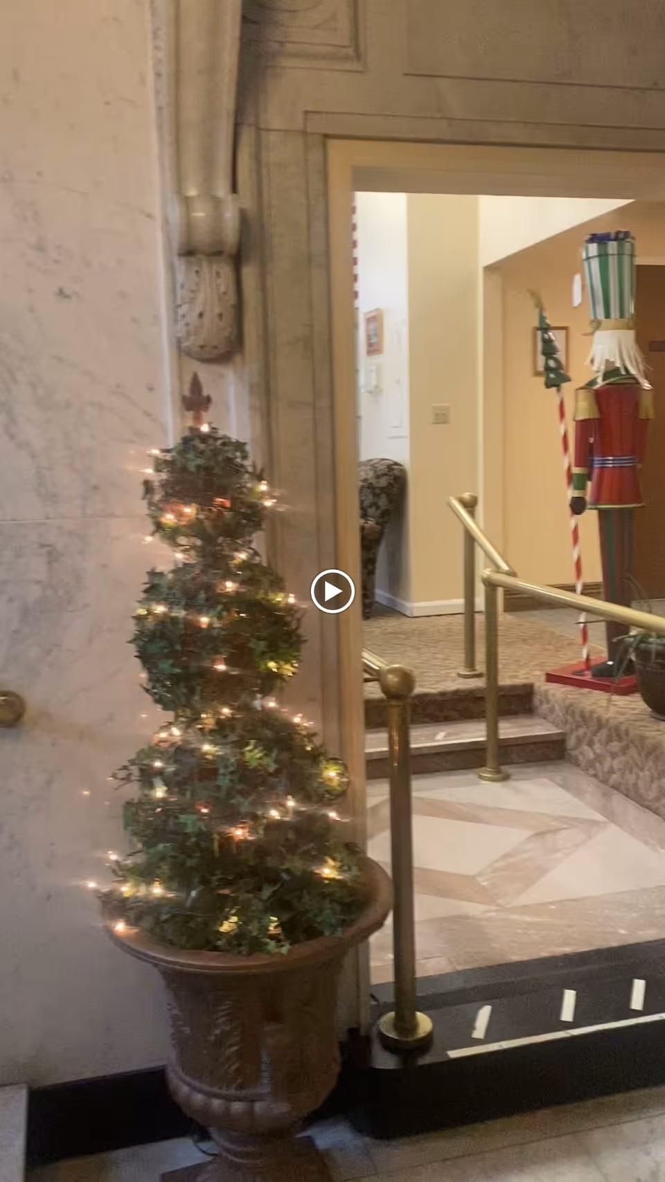 Indoor scene showing a decorative potted plant wrapped with string lights next to a doorway. Beyond the doorway, there are carpeted steps with brass handrails leading to another room with a large nutcracker figure and a patterned armchair partially visible.