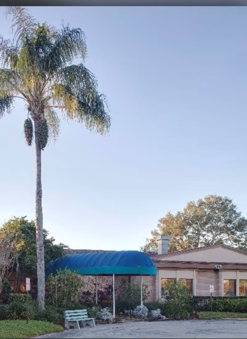 Front entrance of a single-story building with a blue entry canopy, a tall palm tree, landscaping, and a bench.