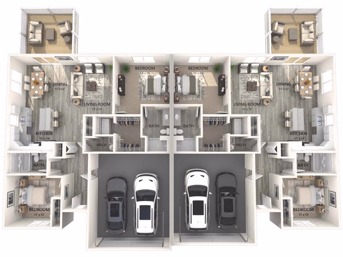 3D floor plan of a duplex apartment showing two mirrored units. Each unit includes a garage with two cars, a kitchen, dining area, living room, two bedrooms, and two bathrooms. The layout also features closets, mechanical rooms, and outdoor balconies with seating.