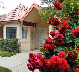Covered entrance of a single-story building with a tiled roof and a cluster of red roses in the foreground.