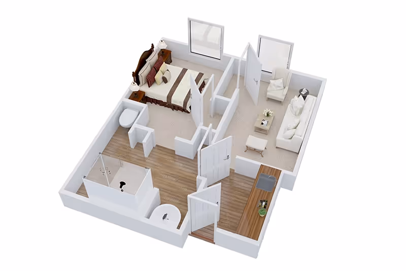 3D floor plan rendering of a one-bedroom apartment showing a bedroom, living room, bathroom, and kitchenette.