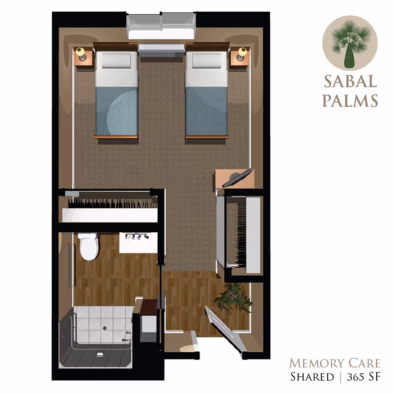 Floor plan of a shared memory care unit at Sabal Palms showing two beds with nightstands, a small desk with a chair, a closet, and a bathroom with a toilet, sink, and shower.