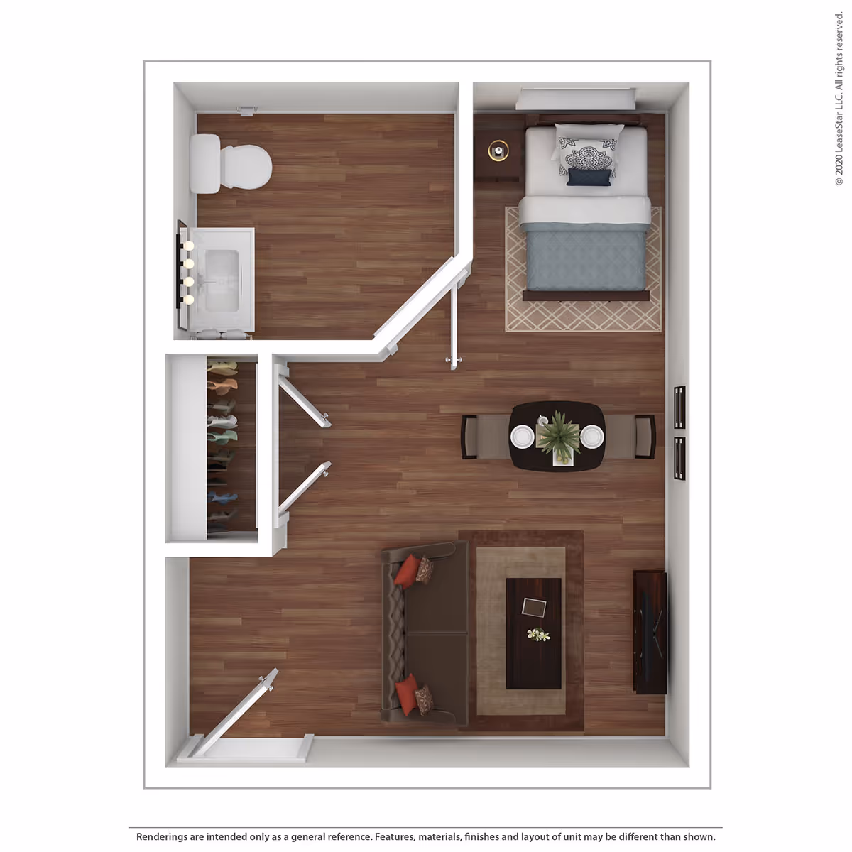 Top-down view of a studio apartment floor plan featuring a combined living and dining area with a sofa, coffee table, dining table with two chairs, and a TV stand. The sleeping area has a bed with pillows and a nightstand. There is a bathroom with a toilet and sink, and a closet with hanging clothes. The flooring is wood throughout.