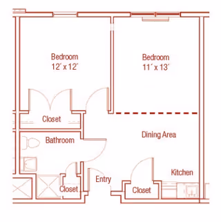 Architectural floor plan showing two bedrooms, a bathroom, dining area, kitchen, entry, and closets in a residential unit.
