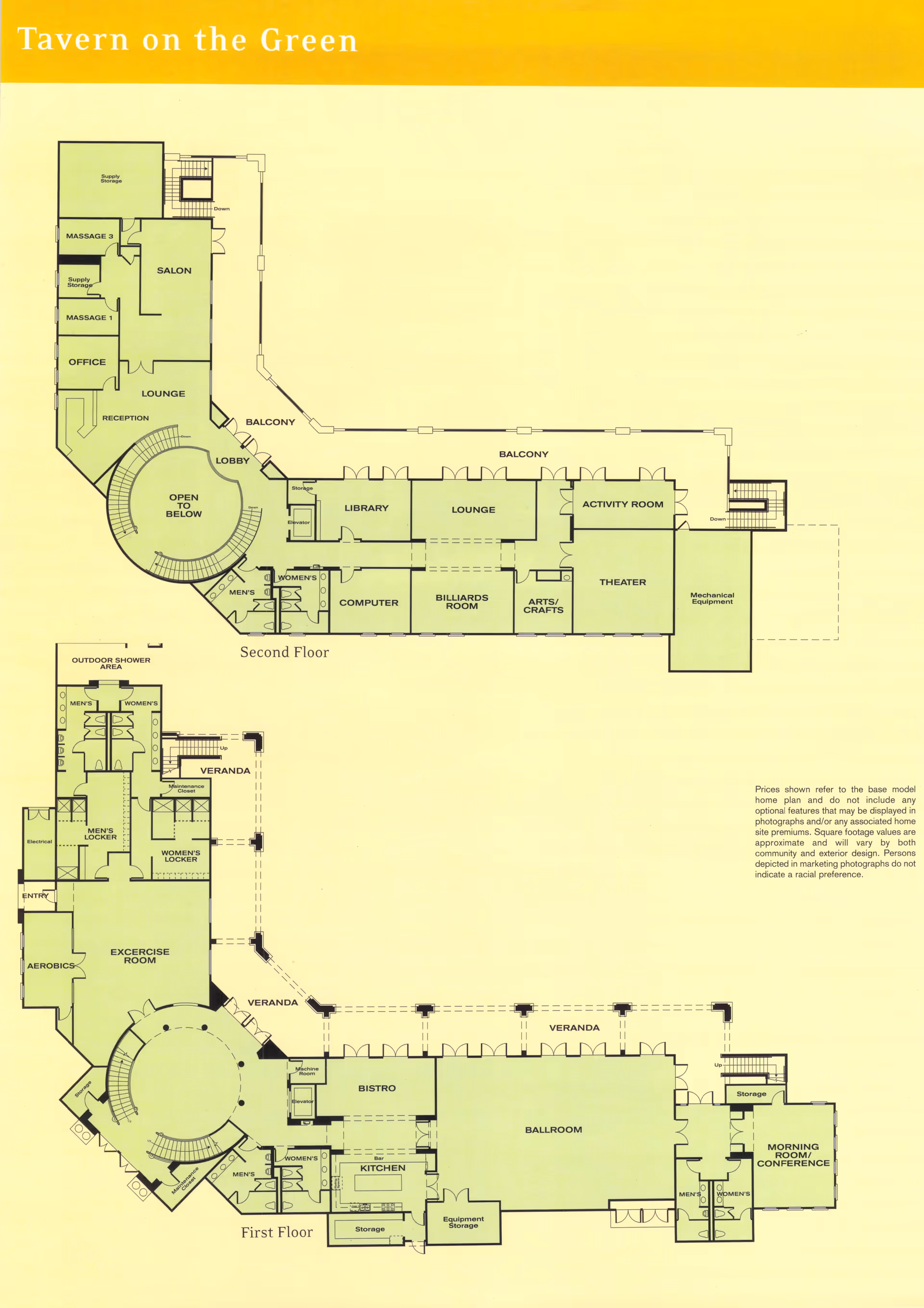 Architectural floor plan of a two-story building named Tavern on the Green, showing labeled rooms including salon, massage rooms, office, lounge, library, computer room, billiards room, arts/crafts, activity room, theater, exercise room, bistro, ballroom, kitchen, and conference room, with verandas and balconies.