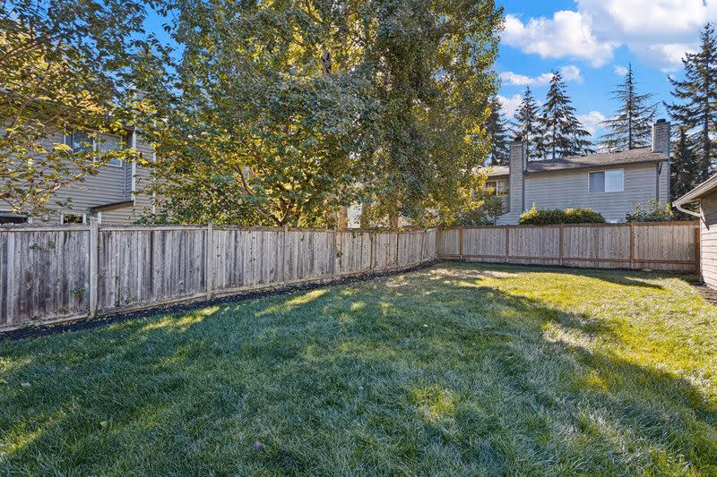 A fenced backyard with green grass and trees, surrounded by wooden fences and neighboring houses visible in the background under a partly cloudy blue sky.