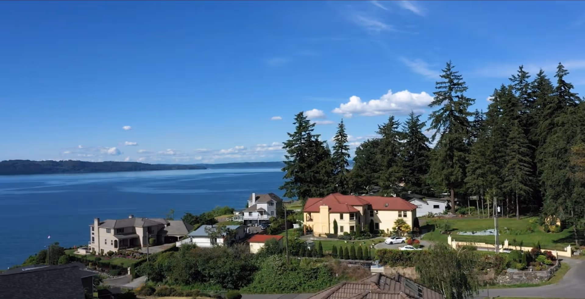 A scenic view of a waterfront residential area with several houses surrounded by tall evergreen trees under a clear blue sky. The water body extends into the distance with a forested shoreline on the opposite side.