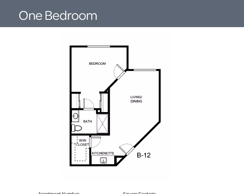 Black-and-white one-bedroom floor plan showing a bedroom, living/dining area, kitchenette, bathroom, and walk-in closet for unit B-12.