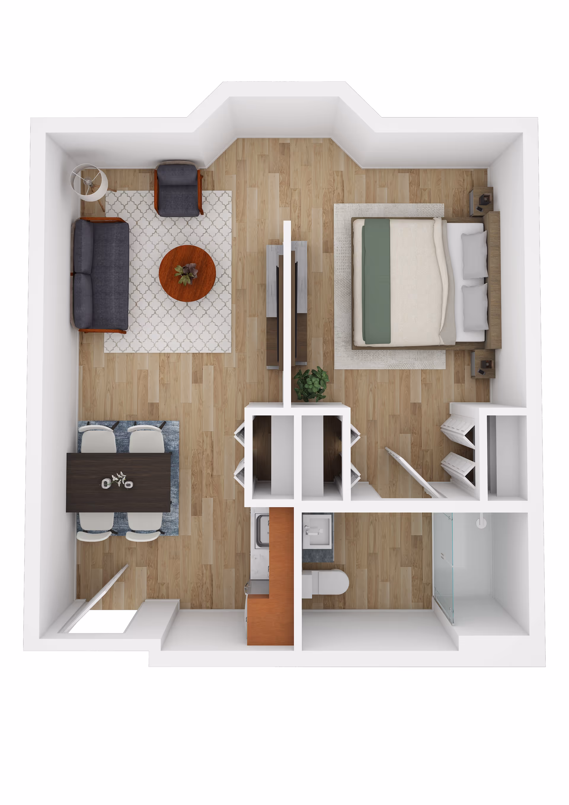 Top-down view of a one-bedroom apartment floor plan featuring a living area with a sofa, armchair, and round coffee table on a rug, a dining area with a table and four chairs, a kitchen with appliances, a bedroom with a bed and nightstands, and a bathroom with a toilet, sink, and shower.