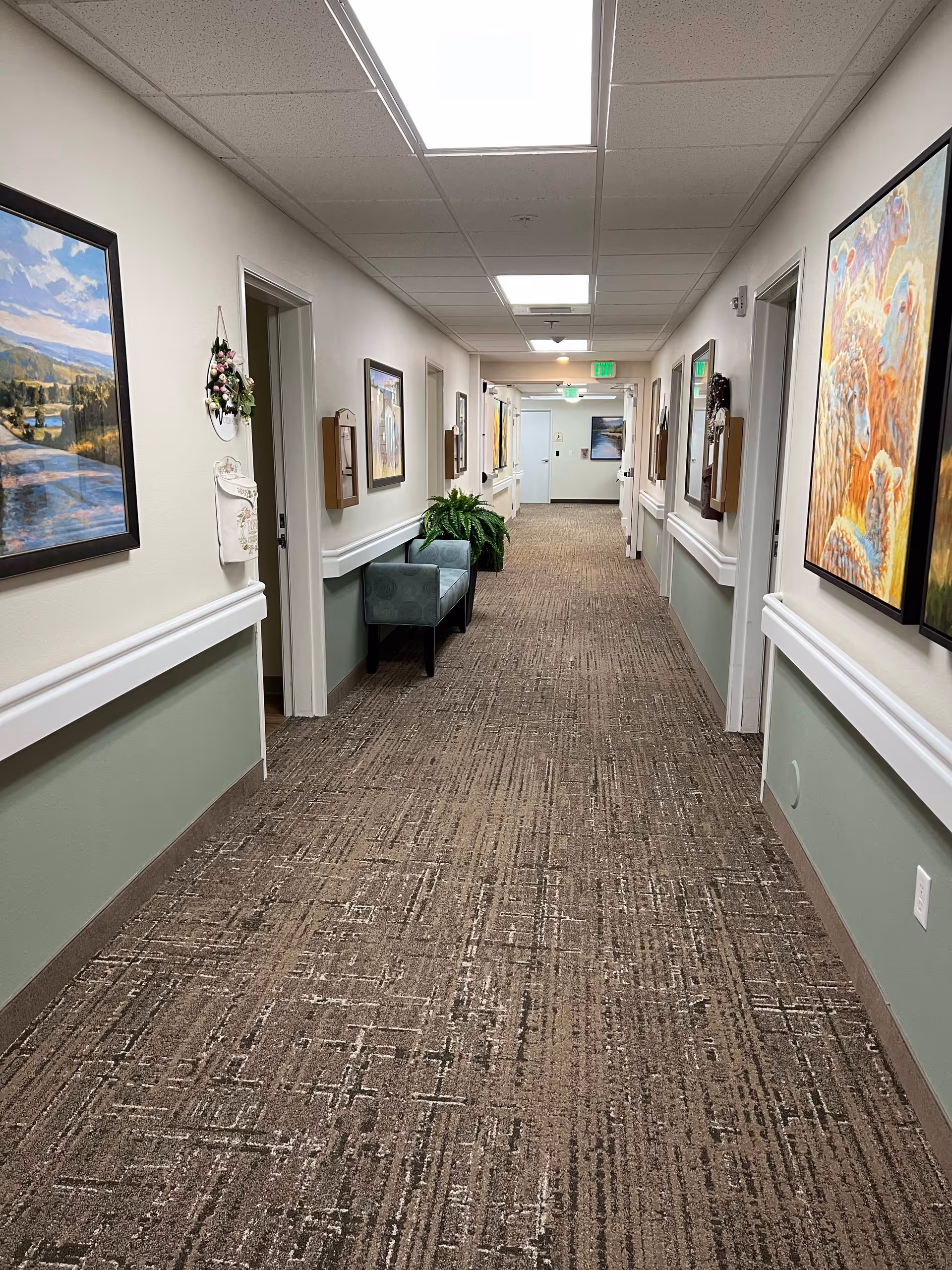 A long, carpeted hallway in a senior living facility with light green and white walls. The hallway is decorated with framed paintings and has a small green cushioned bench and a potted plant along one side. Several doors line the hallway, and ceiling lights illuminate the space.