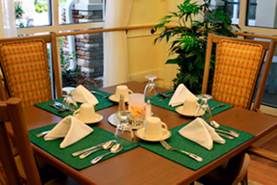 A dining table set for four with green placemats, white folded napkins, cups with saucers, upside-down glasses, and silverware. The table is surrounded by wooden chairs with yellow patterned cushions. There is a plant in the background near a window showing an outdoor view.
