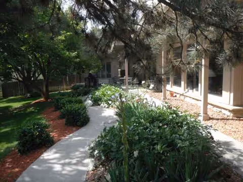 Outdoor walkway along the Comfort Care Homes building with greenery and trees.