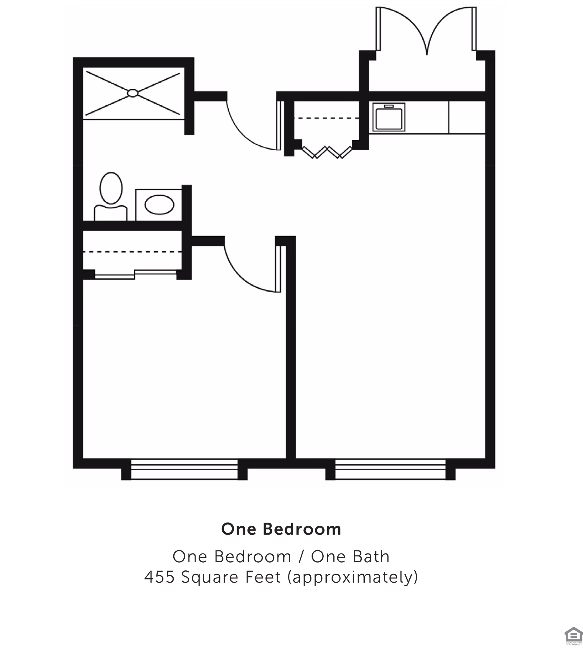 Floor plan of a one-bedroom, one-bath apartment approximately 455 square feet, showing a bedroom, bathroom, kitchen area, and living space with doors and windows.